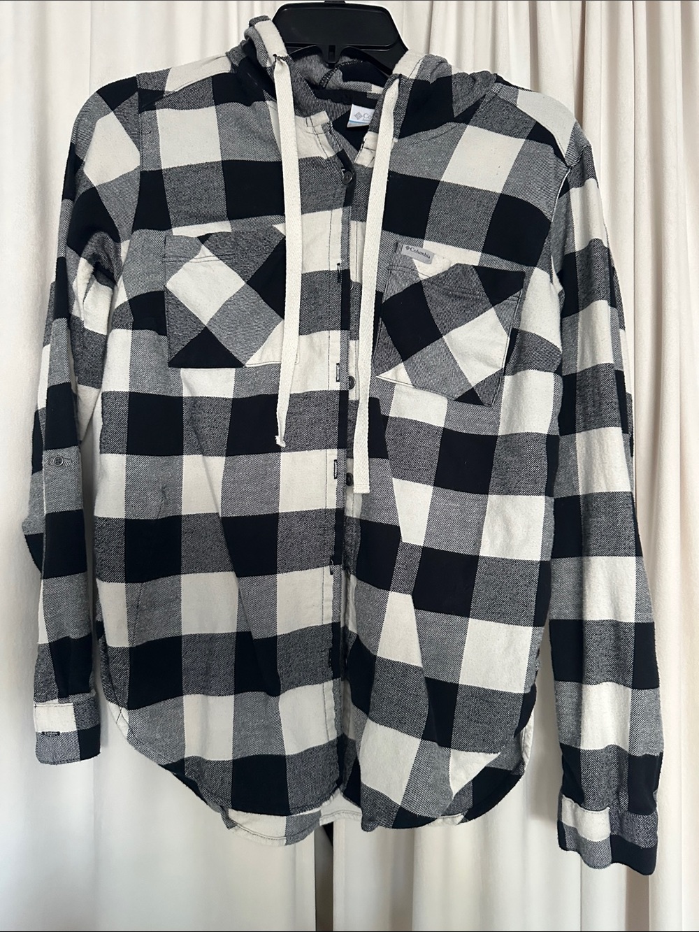 Columbia Sportswear Buffalo Plaid Hooded Flannel Shirt XS Black White Button Up
